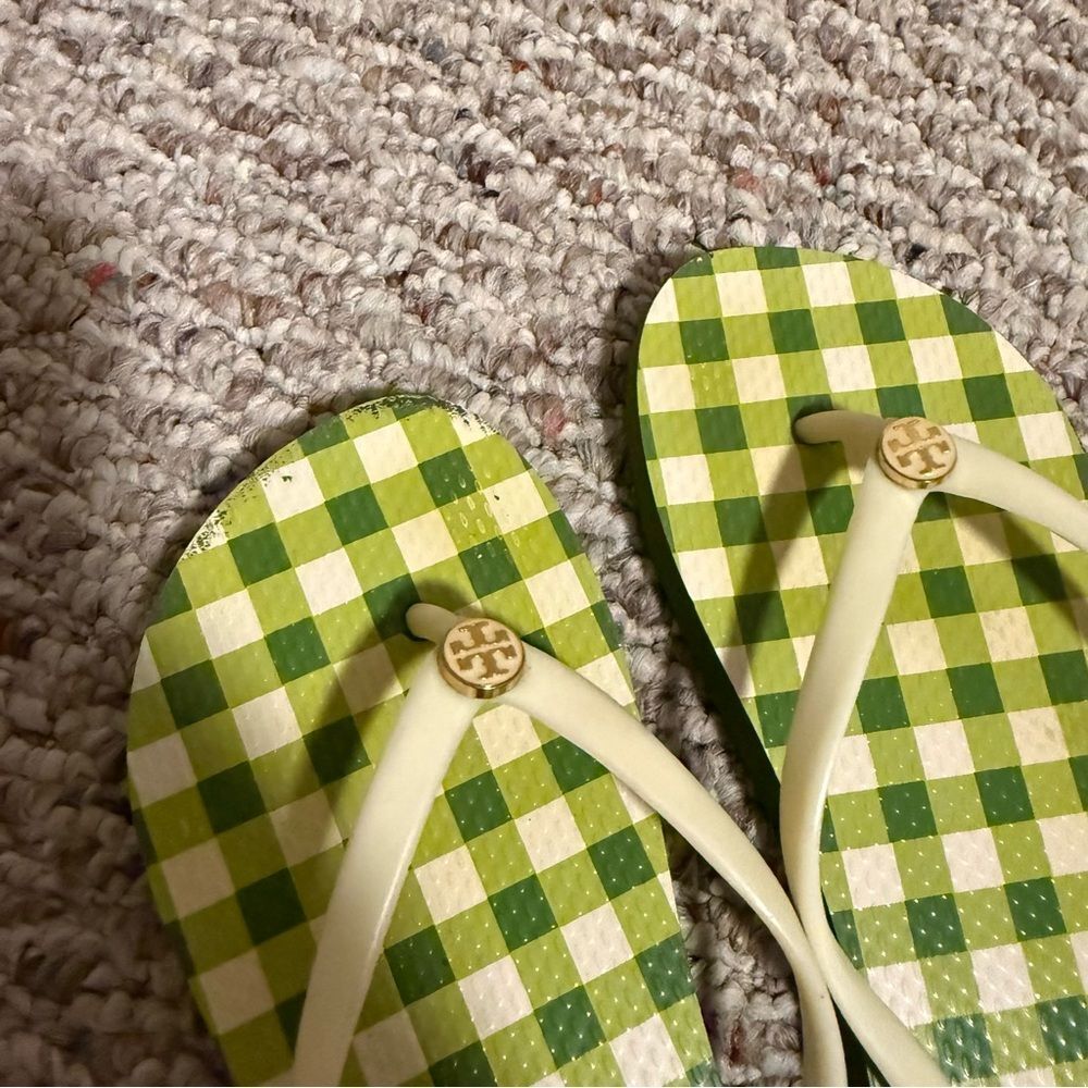 Tory Burch Flip Flop Slip Strap Green Plaid Checkered Sandals- Size 8 - Picture 3 of 8